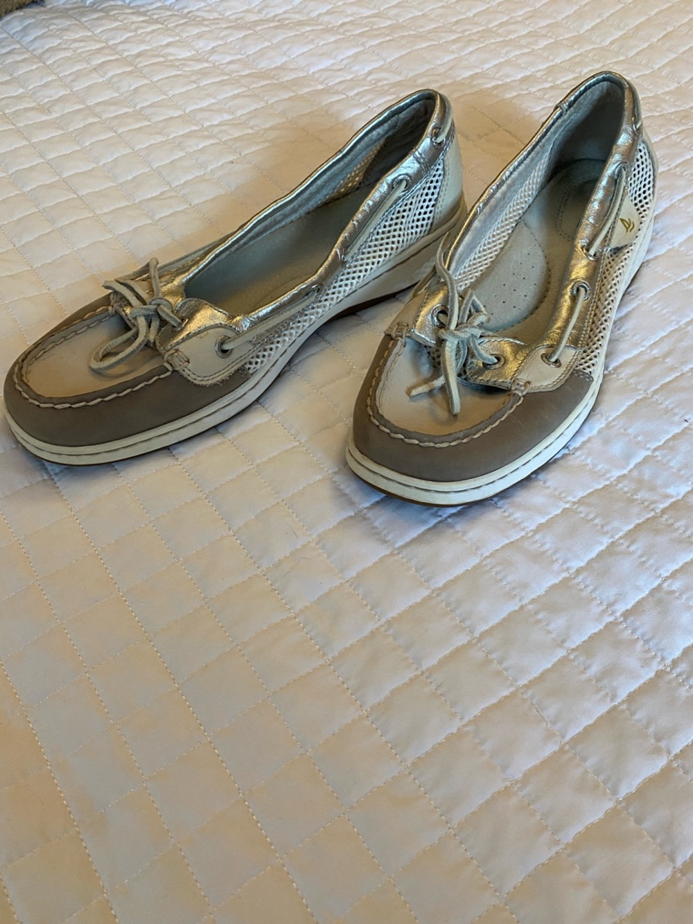 Sperry Metallic Silver and Taupe Boat Moccasins with Lace Tie
